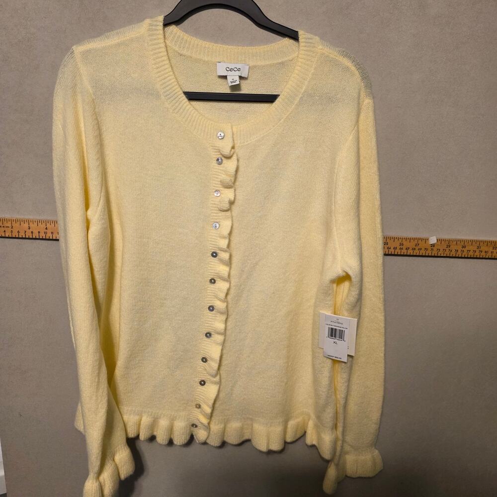 NWT CeCe Ruffle Trim Cardigan yellow button-down pearlescent buttons size XL